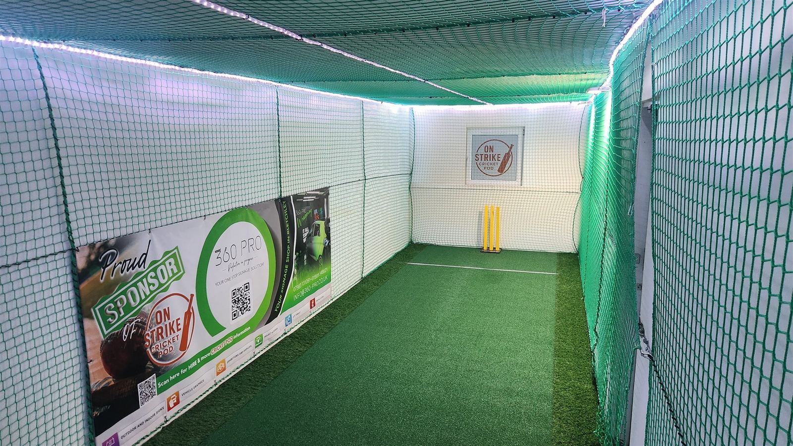 Indoor cricket net and bowling lane at OnStrike Cricket Pod in Milton Keynes Indoor cricket net and bowling lane at OnStrike Cricket Pod in Milton Keynes