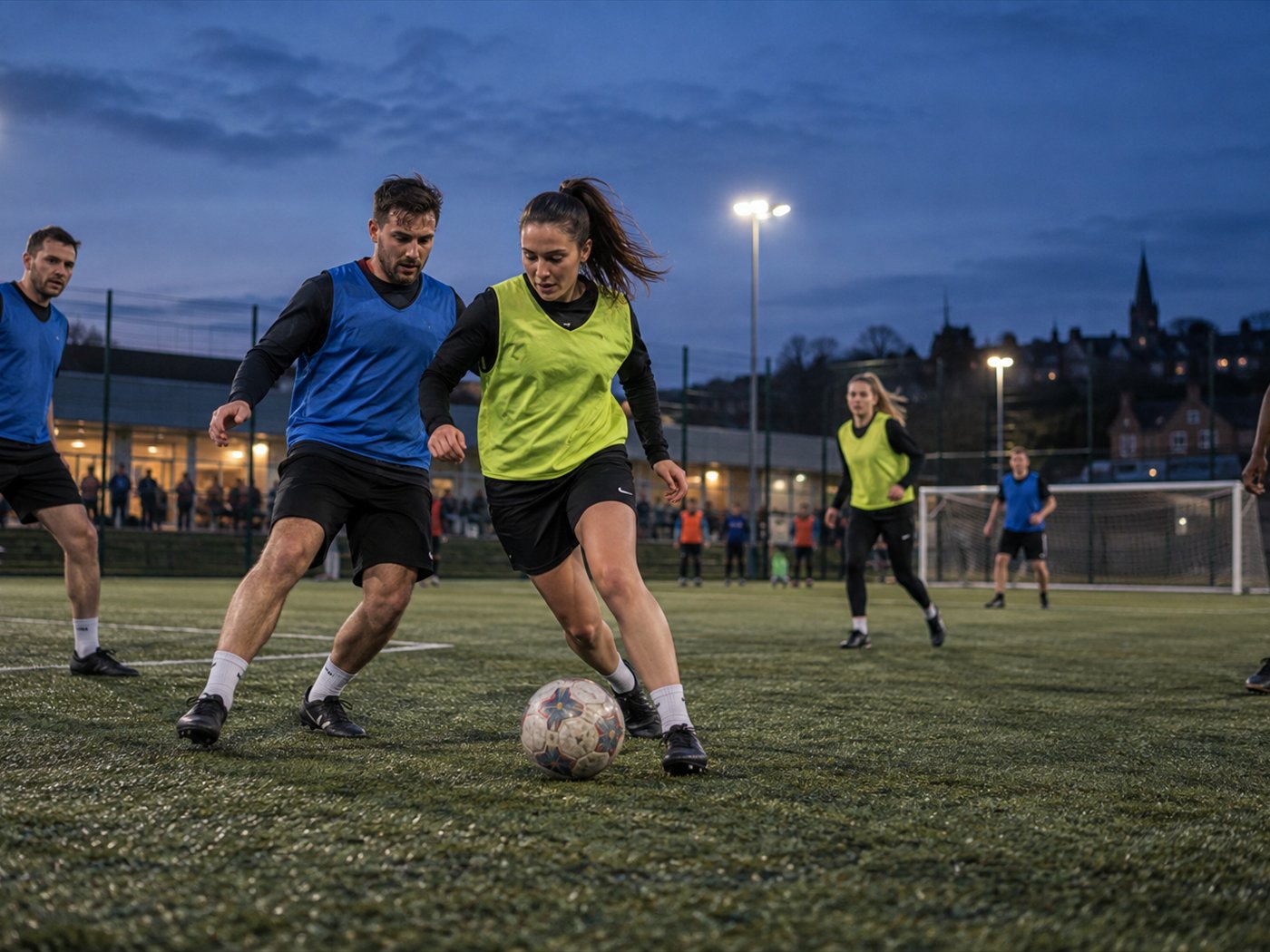 Adult grassroots players competing on a floodlit 3G pitch Adult grassroots players competing on a floodlit 3G pitch